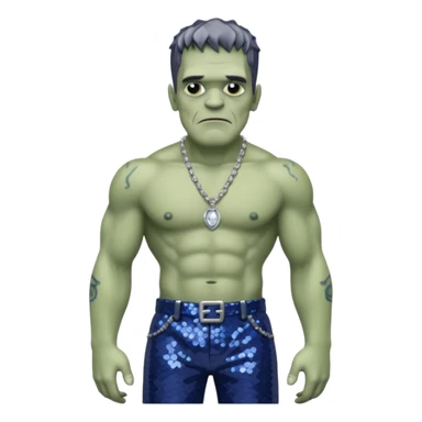 Frankenstein with grey skin, indigo sequin baggy pants, shirtless with necklace sticker