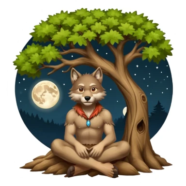 A wolf man sitting under a tree in the nighttime with the fullmoon sticker