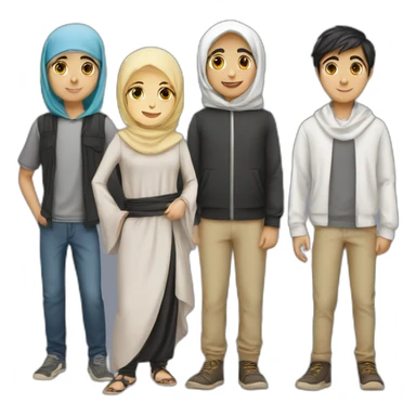 Group of six teenagers one hijabi girl, a blonde girl, an arab boy and 2 white boys sticker