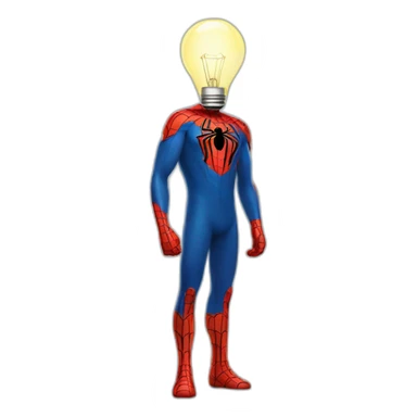 a man in a spider-man costume, but instead of a head there is a glowing light bulb sticker