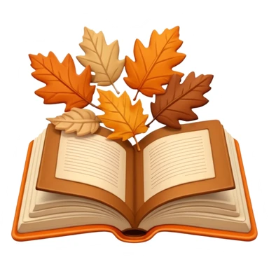 A cute 3D emoji of an open book with autumn leaves around it, cozy fall colors (orange, brown, beige), playful and modern style, glossy finish, minimalistic but expressive, symbolizing a Fall Reading Challenge. sticker