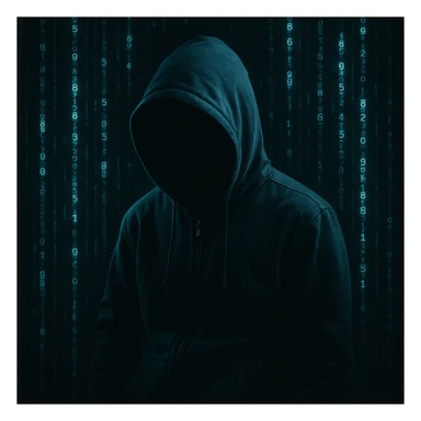 hacker, digital, mysterious, with a hoodie, glowing code, dark background sticker