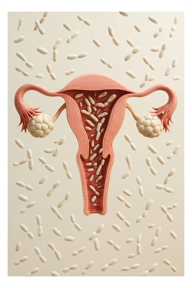 utero umano realistico con batteri della candida intorno, la foto si deve vedere per intero in formato verticale, sullo sfondo neutro chiaro ci sono batteri della candida, iperrealistico 4k sticker