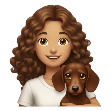 Girl long curly brown hair smiling and brown eyes and holding a dachshund  in her arms sticker