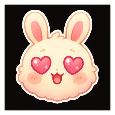 kawaii chibi-style bunny emoji with a round fluffy face, sparkly eyes, blushing cheeks, pastel color palette, love eyes mood, soft rounded design, anime-style, black background, vector art sticker