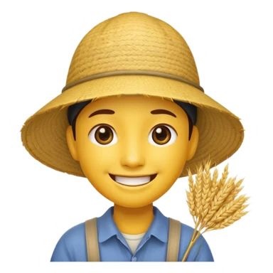 Yellow emoji smiley face with stereotypical Chinese facial features and rice farmer hat sticker