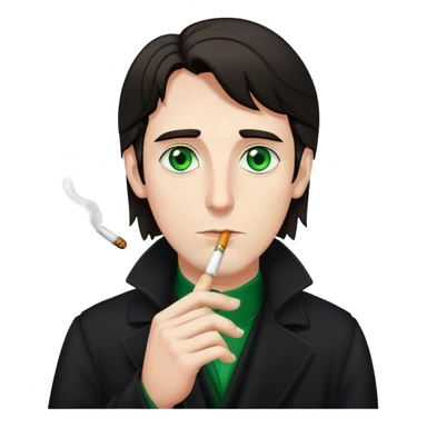 Dark-haired, pale, long-haired man with a long face, green eyes, wearing a long black coat and holding a cigarette in his hand sticker