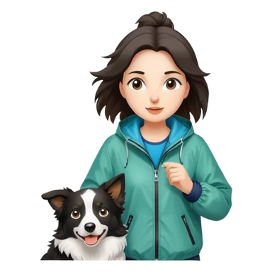 A beautiful girl with fair skin wearing a windbreaker chasing a Border Collie sticker