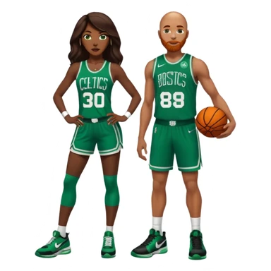 48-year-old dark skin black woman with brown eyes, long dark brown hair dressed in sexy 
celtics jersey costume outfit & stilettos. A bald white man with ginger beard. he has blue eyes, wearing a Jason Tatum Boston Celtics Jersey, matching Nike sneakers  sticker