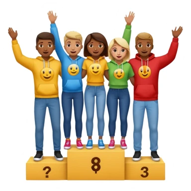 winners’ podium with multi-racial people, brown, middle step higher, no numbers, fun, colorful clothes like jeans, t-shirts, and hoodies, excited, fun, expressive emoji style sticker
