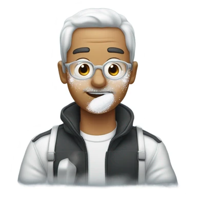 Man with a little powder sugar specs on his nose sniffing powdered sugar on a spoon.  sticker