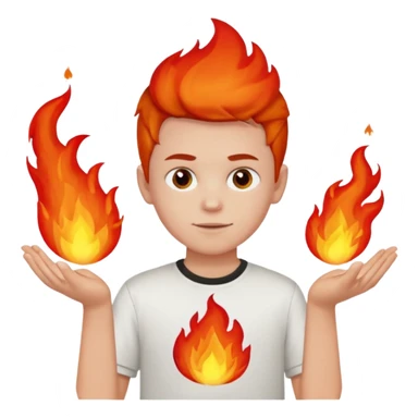 A boy with no hands fire instead made out of red fire and the boy is wearing a shirt that says FIRE CREATOR  sticker