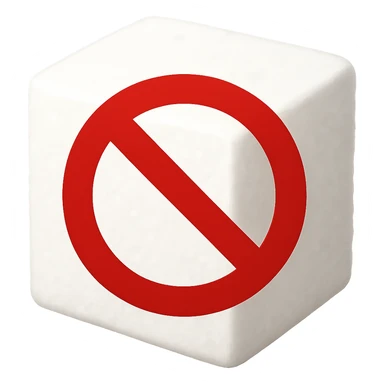 A sugar cube with a red prohibition sign over it, indicating sugar-free, in a simple and clear emoji style. The prohibition sign should be similar to the one used in 18+ emojis. sticker