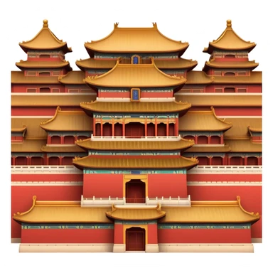 Cinematic Realistic Forbidden City Landmark Emoji, depicting grand imperial architecture with golden rooftops, vast courtyards, and intricate wooden carvings, all surrounded by towering red walls. sticker