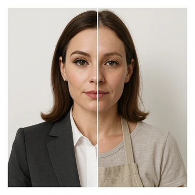 split-image of a woman, one half of her face with professional makeup and business office attire, the other half natural and makeup-free, wearing a kitchen apron like a homemaker, symmetrical composition, white background, realistic style, clear contrast between the two roles sticker
