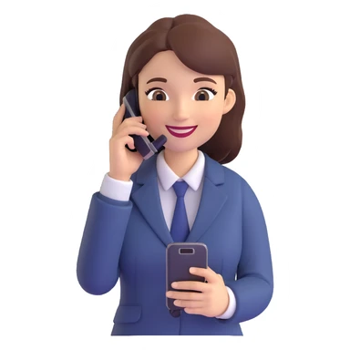3D illustration, female office worker standing, smiling, using a mobile phone, positive and professional sticker