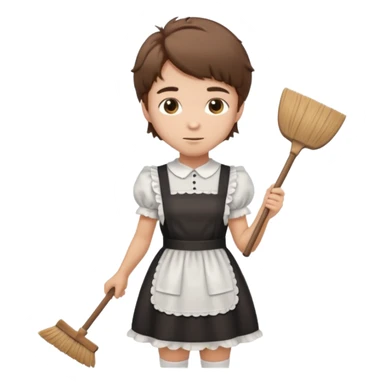 Guy with short shaggy brown hair wearing a cute maid dress, sweeping sticker
