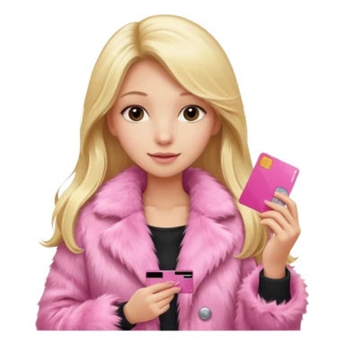 blonde long hair girl in a pink fur coat holding a pink credit card sticker