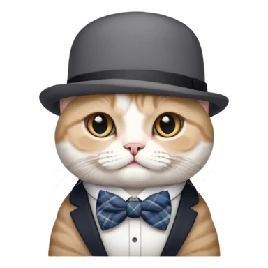Cinsi scottish fold olan rengi Gri beyaz olan şapka ve papyon takan kedi sticker