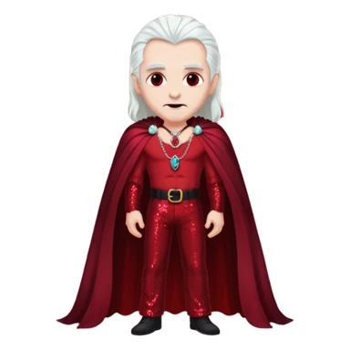 Dracula with long white hair, dark red sequin baggy pants, shirtless with necklace, dark red sequin cape sticker