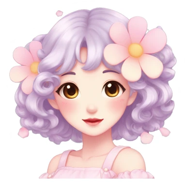 Gorgeous pastel anime style lady with blushing face and flower petals cottagecore fairycore pastelcore shiny colorful pearly petite simplistic aesthetic trending style sticker