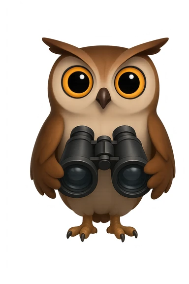 Сова держит в крыльях бинокль и смотрит прямо на зрителя, прозрачный фон sticker