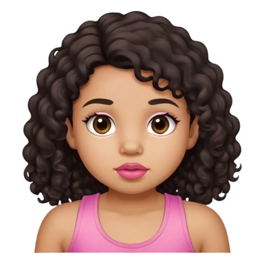 light brown skin tone, very adorable toddler, with big plump lips, long long lashes, black curly long hair, brown eyes, pink tank top sticker