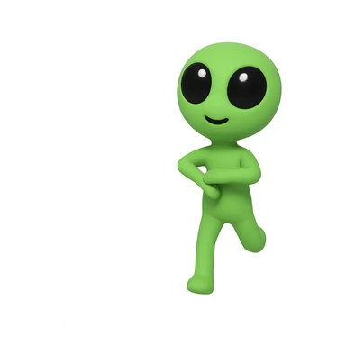 Create a neon green alien dancing, almost identical to the reference image, with minimal changes in the positions of arms and legs, looking straight ahead. This is frame 18 of the animation. PNG with transparent background. sticker