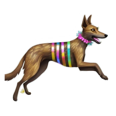  brindle brown black maroon striped lurcher Alsatian fox running blue eyes and iridescent holographic oilslick harness wearing paper iridescent tropical flower crown yellow caution tape sticker