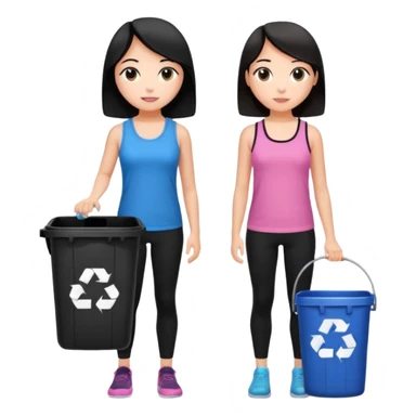 generate a genmoji of a black haired girl in a pink tank top and black leggings holding a black trash bag. Standing with her is a brunette girl in a similar blue tank top and black leggings.
Standing in front of a dustbin sticker