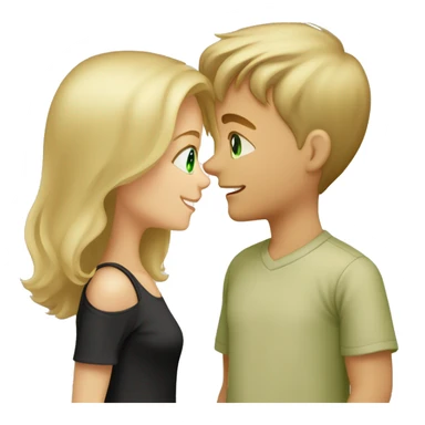 boy and girl with dirty-blond hair and light green eyes. Boy is wearing light khaki t shirt. He has a short mustache and fresh haircut. Girl is wearing off shoulders black top. They are looking at each other lovingly. Boy is taller than girl. sticker