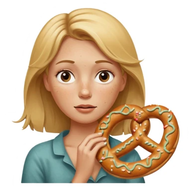 One eye closed, Dirty blond woman, fair skin with freckles,  holding pretzel sticker
