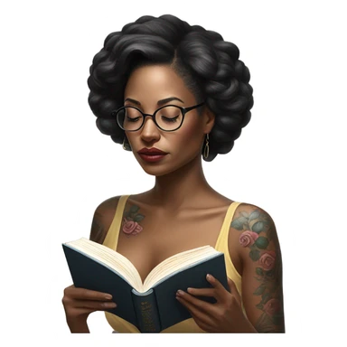 Hyper Realistic beautiful woman model with a small rose tattoo reading a book  sticker