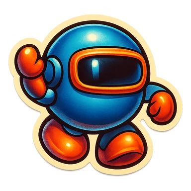 Render this spherical robot in retro stickers style, with bold outlines and vibrant colors, emphasizing a playful and nostalgic look typical of retro stickers. sticker
