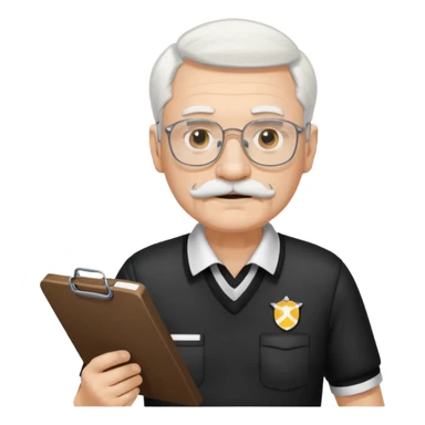 An old stern white hair and mustache, wear glasses referee with a clipboard, monitoring players closely. sticker