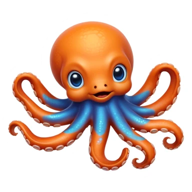 Cinematic Realistic Cute Octopus Portrait Emoji, Head tilted playfully and inquisitively, featuring a gracefully curving, compact body in vibrant orange adorned with delicate blue rings, and a charming, expressive face with round, sparkling eyes full of curious wonder; rendered with lifelike detail and soft natural highlights, high shine, affectionate and enchanting, styled with a touch of whimsical ocean magic, soft glowing outline, capturing the essence of a mischievous yet lovable octopus that seems poised to slither playfully into your arms! sticker