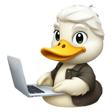 A cute, white developer duck using a MacBook sticker