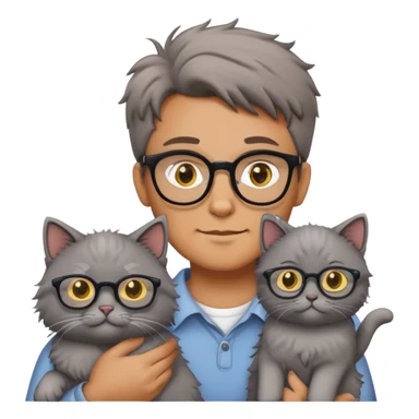 a tan-skinned man with glasses holding a gray fluffy cat with small yellow eyes sticker