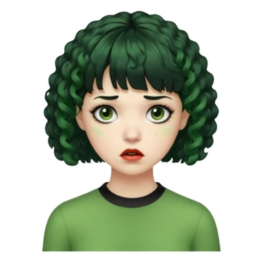 quero que você cria uma mulher, o rosto dela. nela, ela tem cabelo curto e ondulado, tem franja e ela tem semblante triste, deixe ela com pele verde e com cabelo cacheado( ela tem que ter semblante assustador e muito triste, ela pode ter olhos totalmente preto ou vermelho) sticker