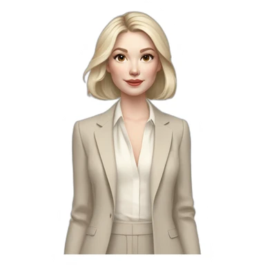 pale skin woman with ash blonde Straightened bob Hair, White Spacious classical jacket, beige palazzo Arrow pants and gray blouse holding a color palettes in the hands sticker
