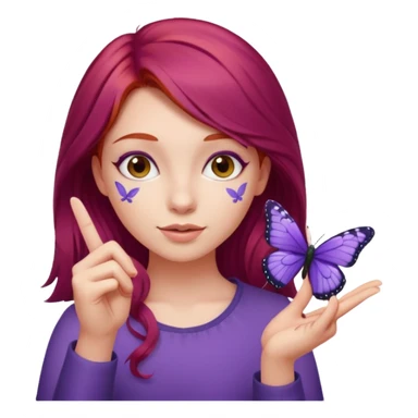 red haired girl finger holding purple butterfly sticker