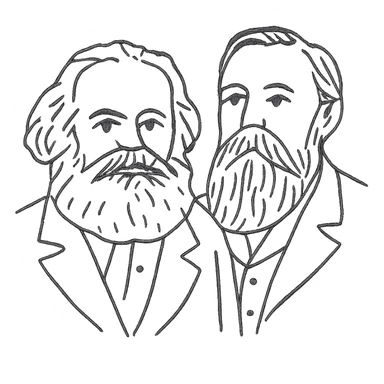 a black outline portrait of Karl Marx and Engels together based on a famous portrait of them, with eyes the same size sticker