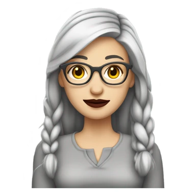Attractive Caucasian woman with long straight grey hair worn in a braid, she has brown eyes, and is wearing wire frame glasses with dark red lipstick, she has a slightly  chubby face sticker