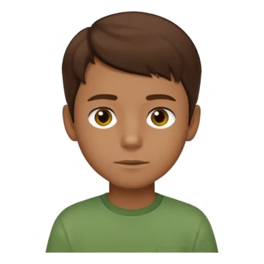 a boy with brown eyes and hair with a green shirt sticker
