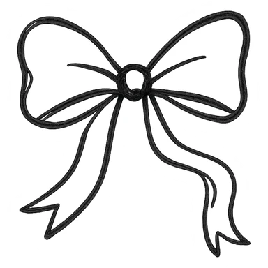 minimalist hand drawn black outline of a bow with flowing ribbon ends with white clean background sticker