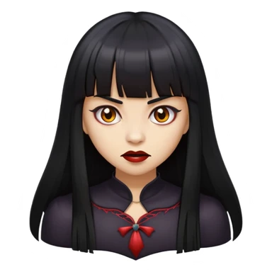 A girl with long black straight hair with bangs and medium brown skin color emoji traditional scary vampire version sticker