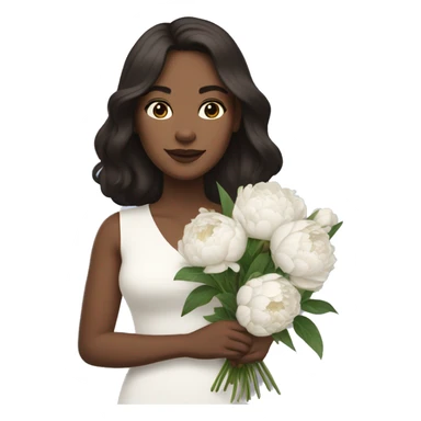 A woman with shoulder length dark brown hair holding a bouquet of white peonies sticker