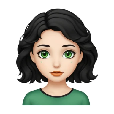 A girl with green eyes, black wavy hair with clean girl make up sticker
