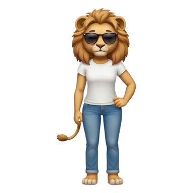 friendly anthropomorphised female lion character, full body, standing confidently with legs shoulder width apart and arms folded, wearing jeans, a white t-shirt, and dark sunglasses, with a confident smile sticker