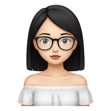 A light skinned girl with straight black hair on shoulder length wearing a white off shoulder and glasses sticker